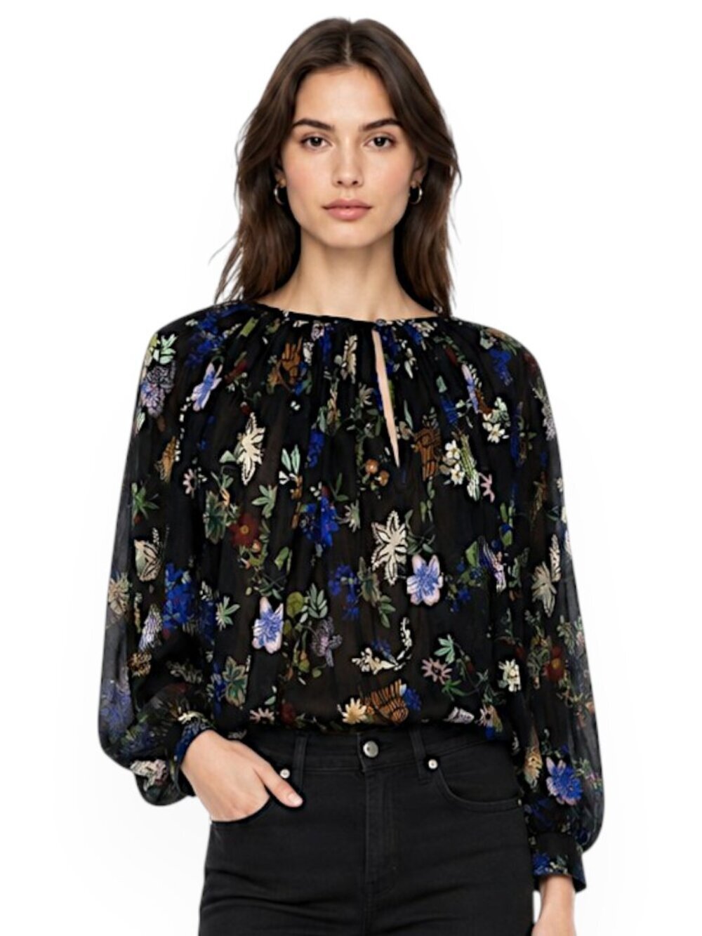 Forte Forte Black Floral Pattern Cotton Silk Crewneck Long Sleeve Blouse Top II